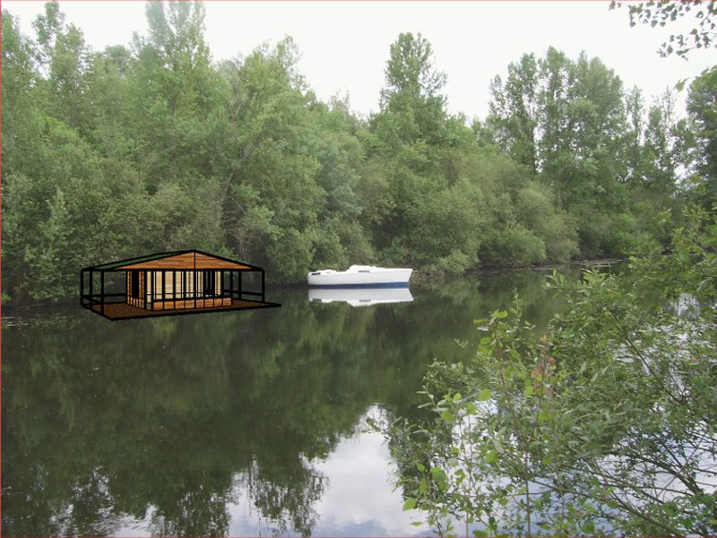 montage photo insertion de la maison proche du bateau de l\'étang